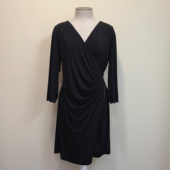EXPRESS 3/4 Sleeve Zipper Front Faux Wrap Jersey Dress Black Size Large - Picture 2 of 9